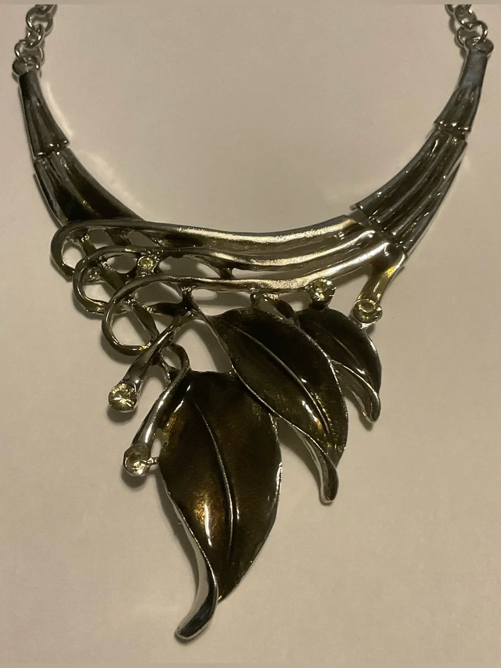 Fashion Jewelry Silver Tone Golden Leaf Crystal Necklace & Earrings Set
